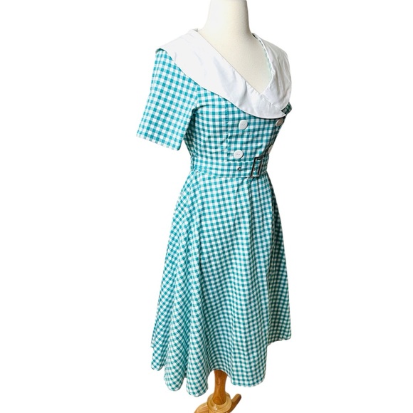 Vintage Blue Fit and Flare Midi Dress with Asymmetrical Neckline - Picture 7 of 7